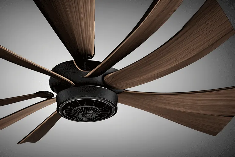 Close-up of a black ceiling fan motor housing with long walnut-toned wood blades against a gray background