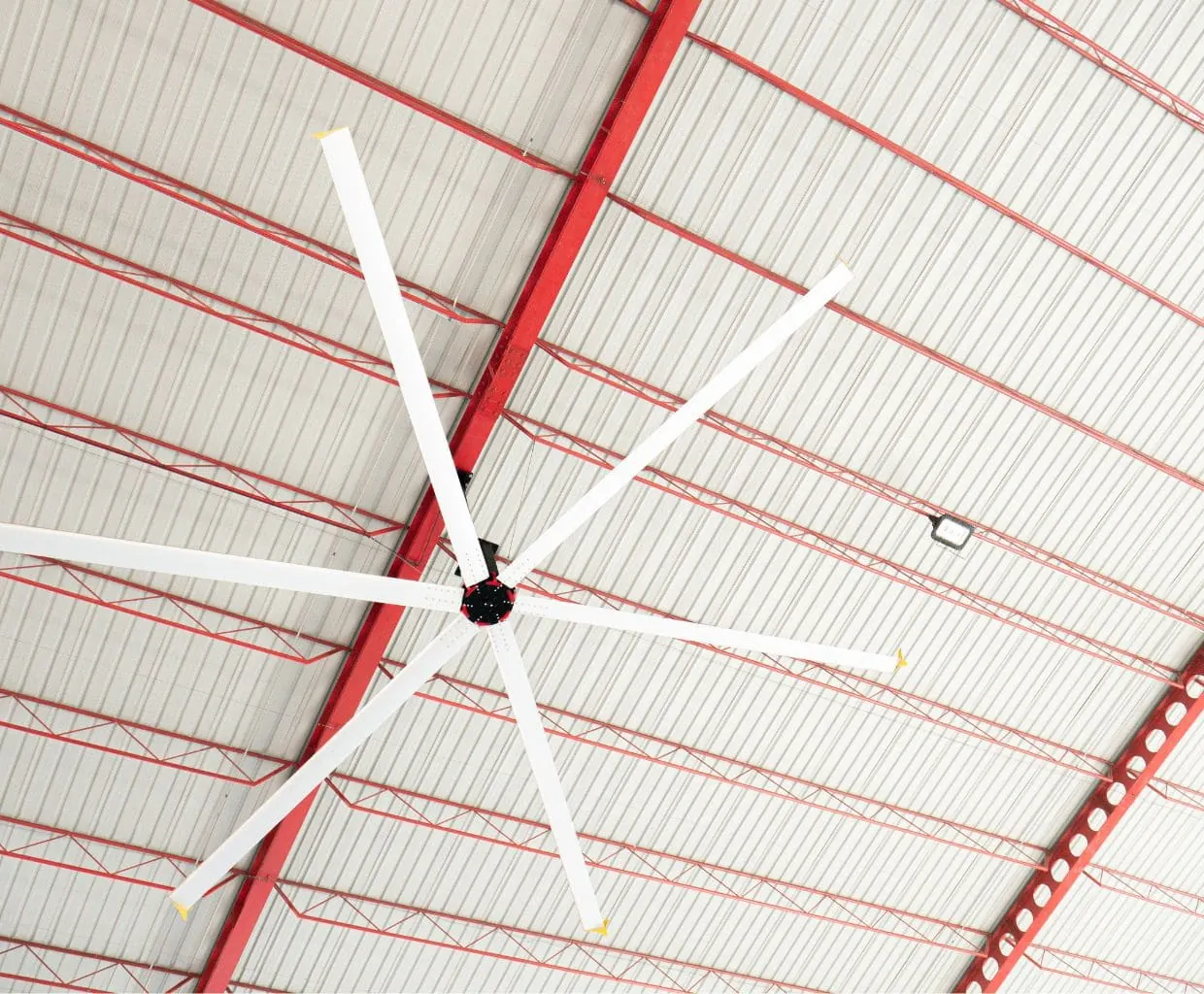 Large white six-blade industrial ceiling fan under a corrugated metal warehouse roof with red steel trusses