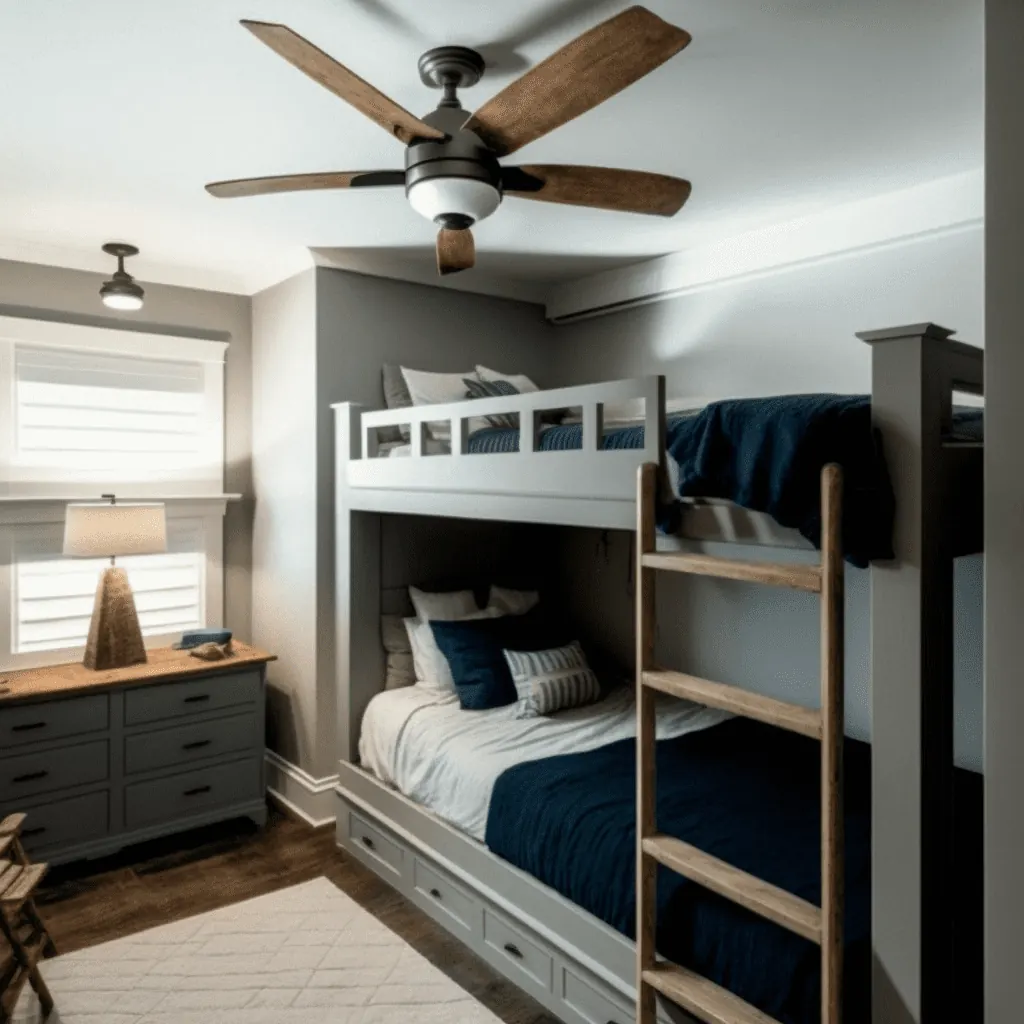 Kids' bedroom with a five-blade wood ceiling fan and light above a gray built-in bunk bed with a wooden ladder