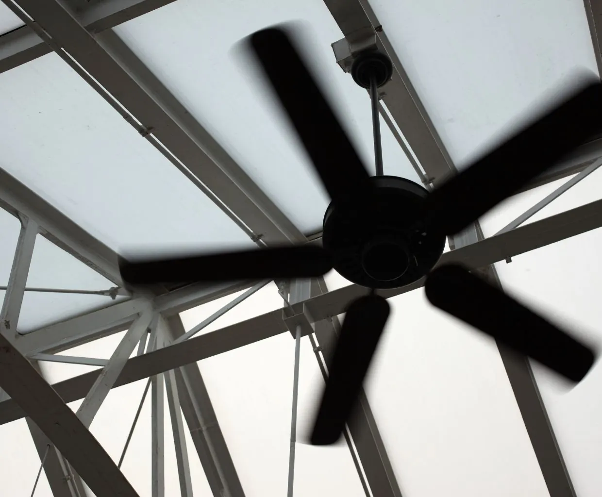 Black five-blade ceiling fan spinning under a white steel-framed glass roof, blades blurred by motion
